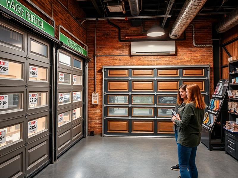 Customers reviewing budget-friendly garage door options in showroom