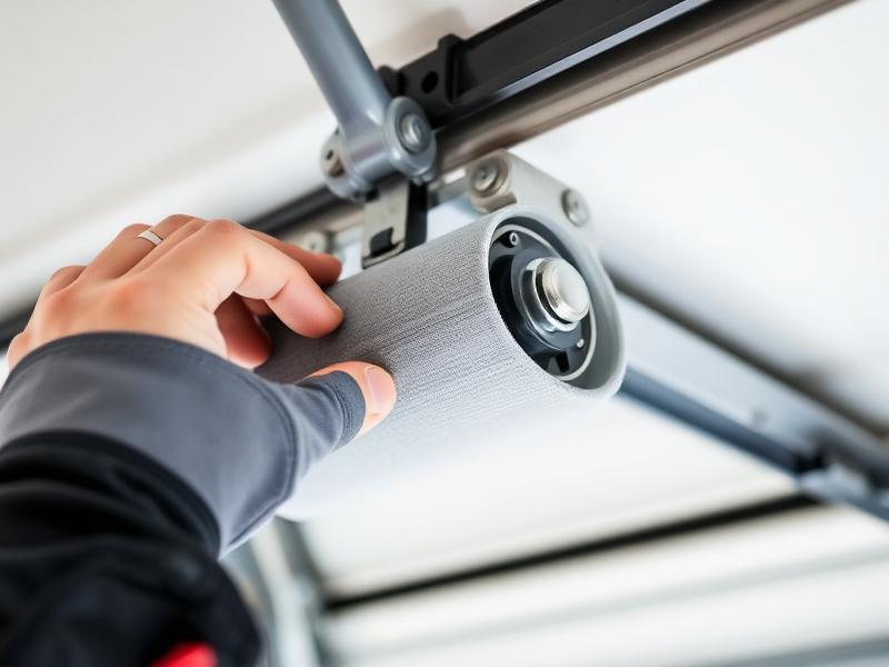 Technician replacing garage door roller mechanism