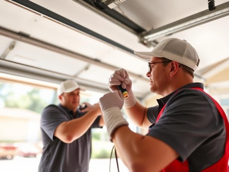 Technicians performing summer maintenance on garage door
