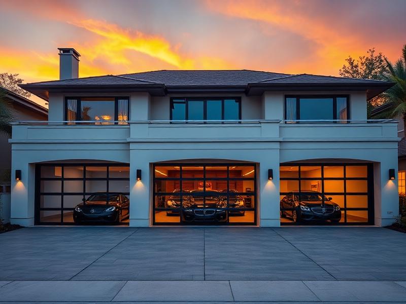 Luxury triple car garage with contemporary doors at sunset