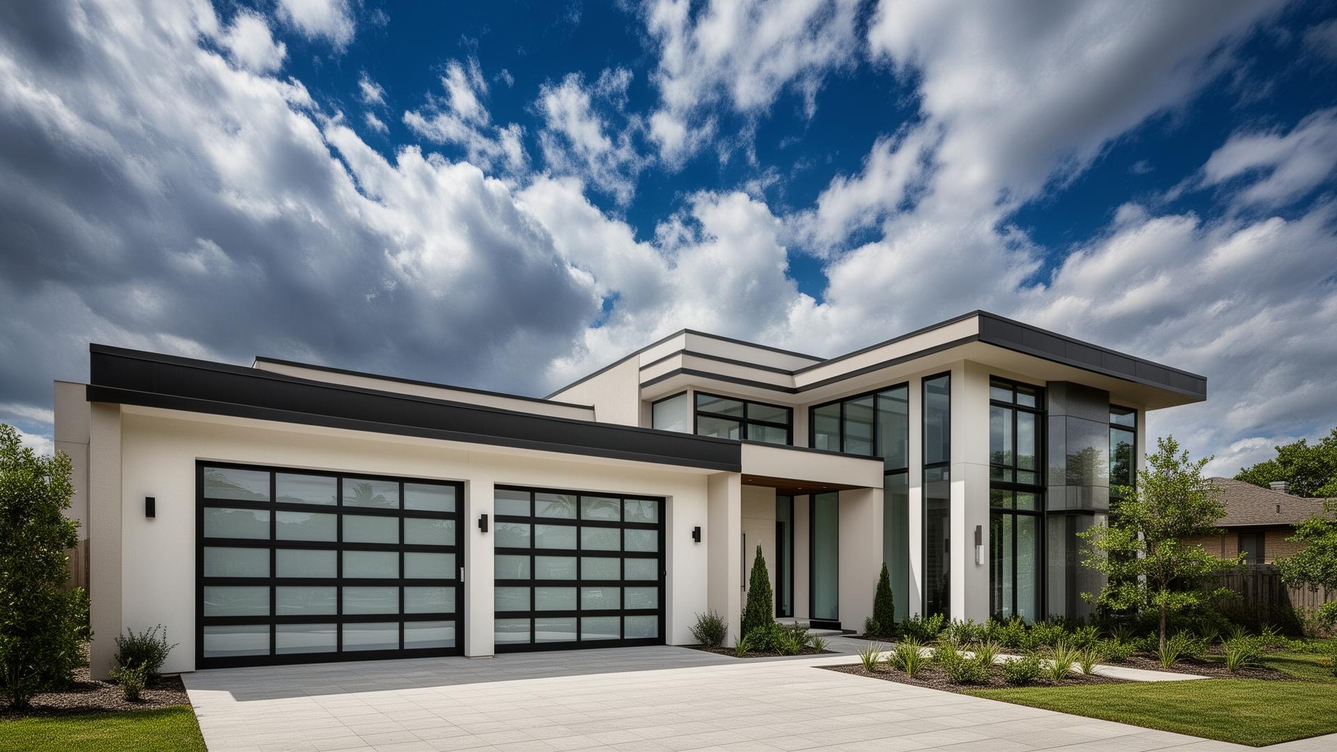 Modern contemporary home with aluminum glass panel garage doors