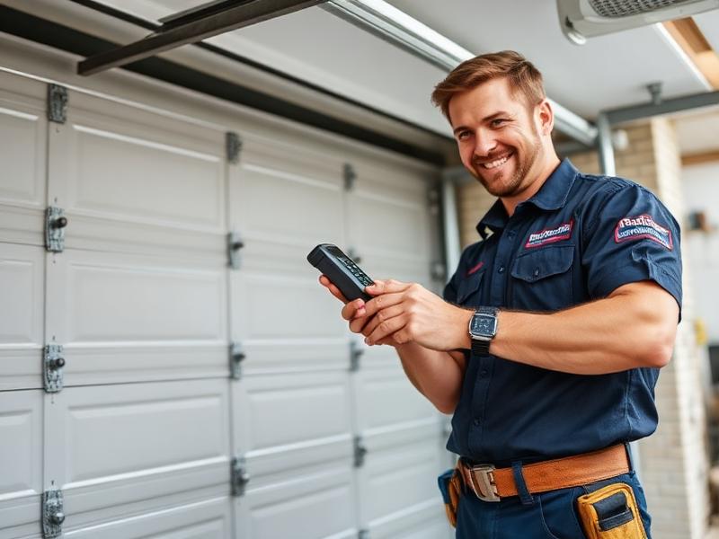 Uniformed garage door technician programming a remote